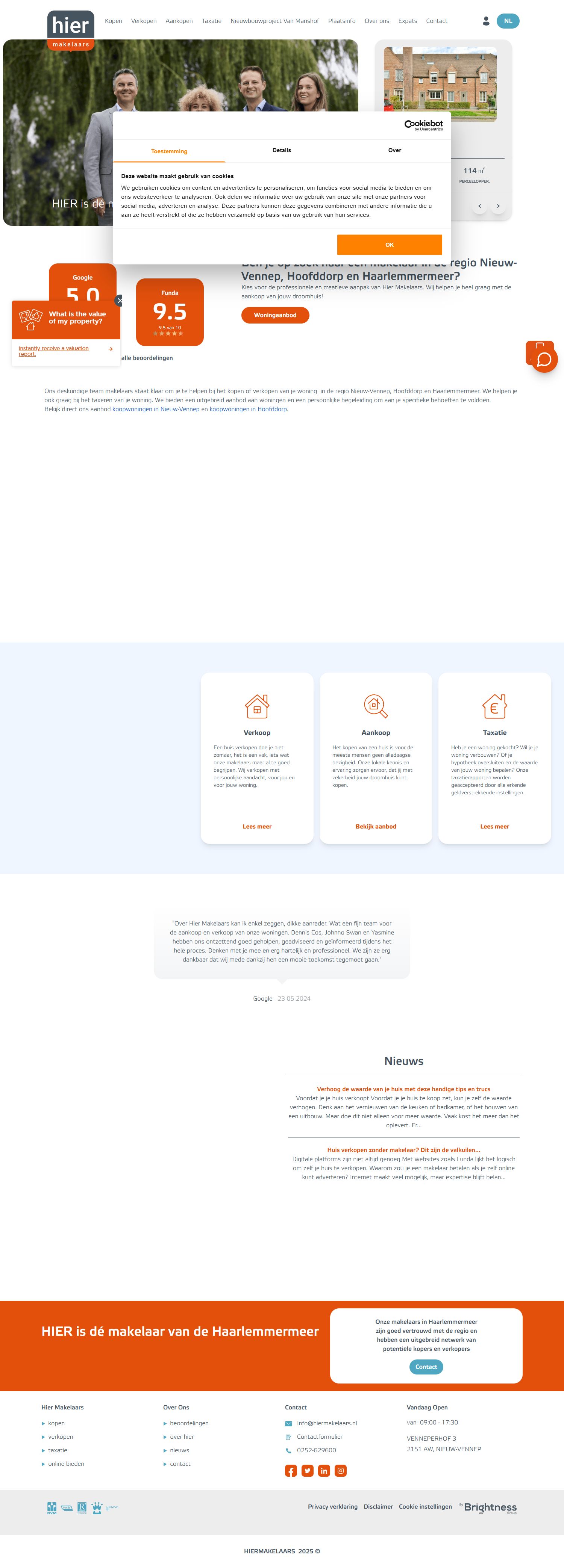 Screenshot van de website van hiermakelaars.nl