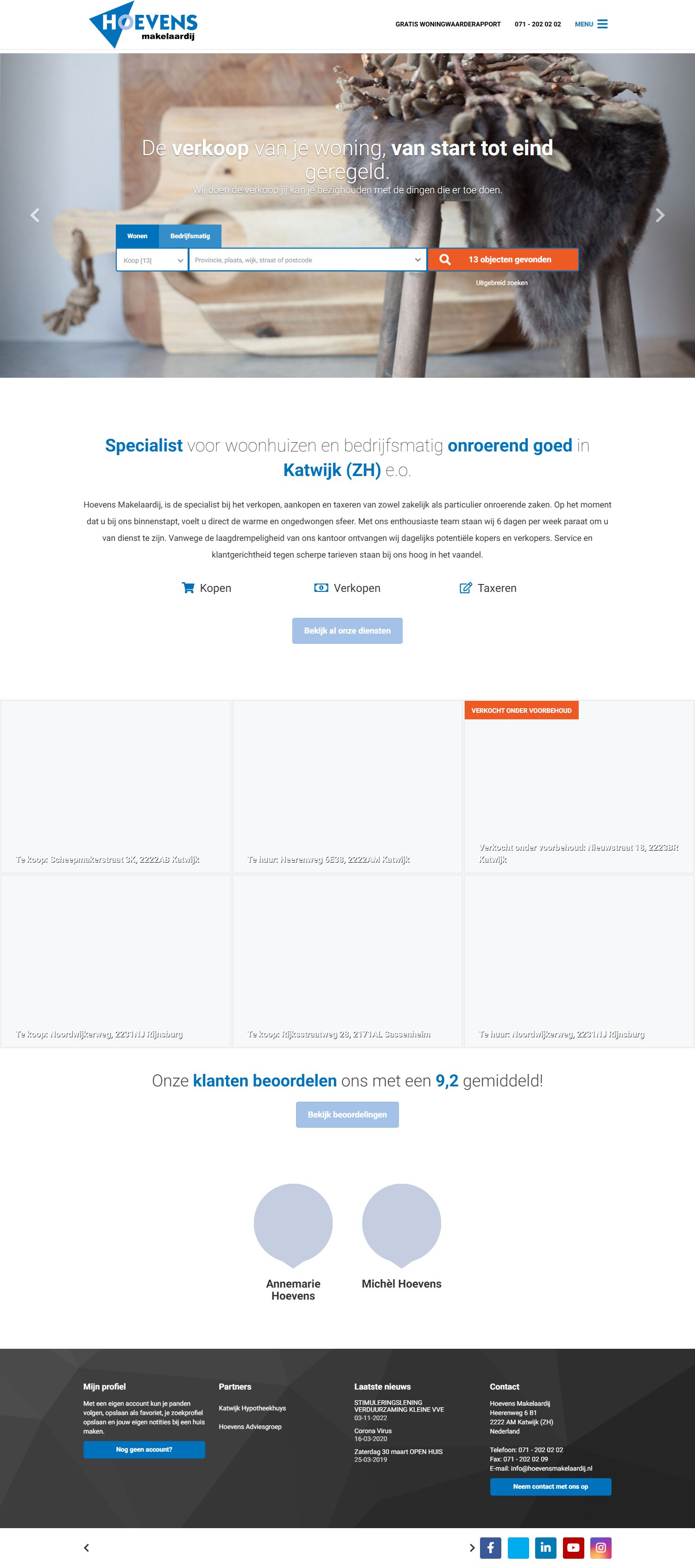 Screenshot van de website van www.hoevensmakelaardij.nl