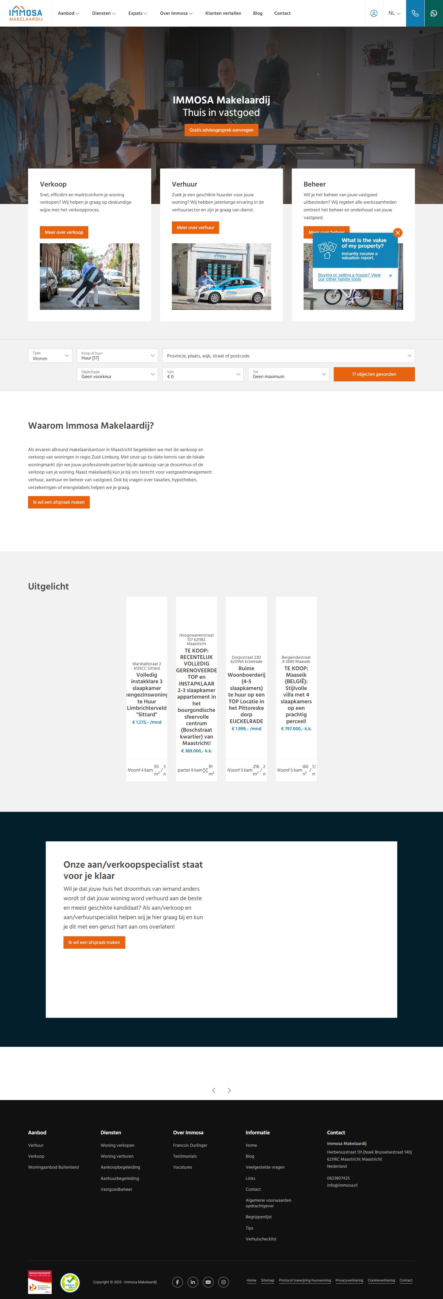 Screenshot van de website van www.immosa.nl