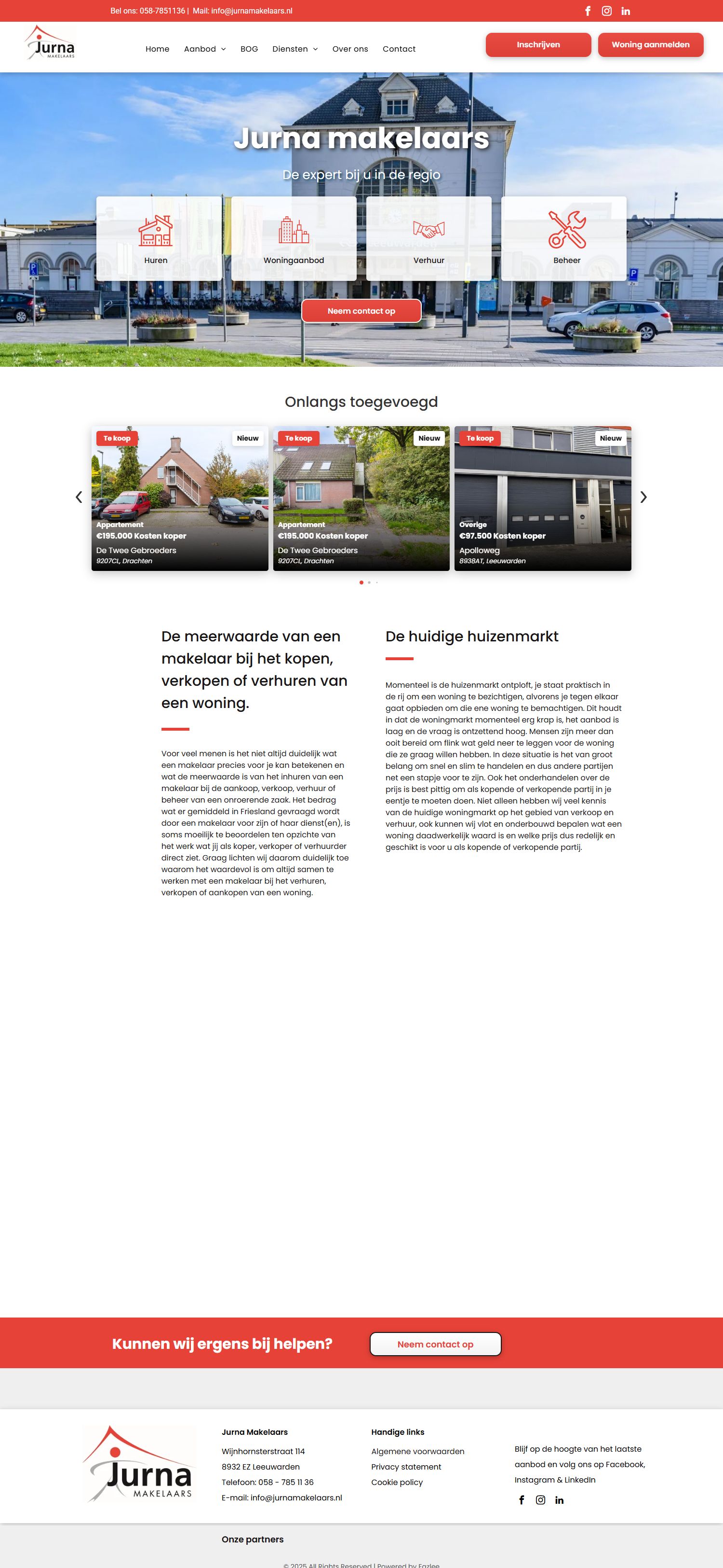 Screenshot van de website van www.jurnamakelaars.nl