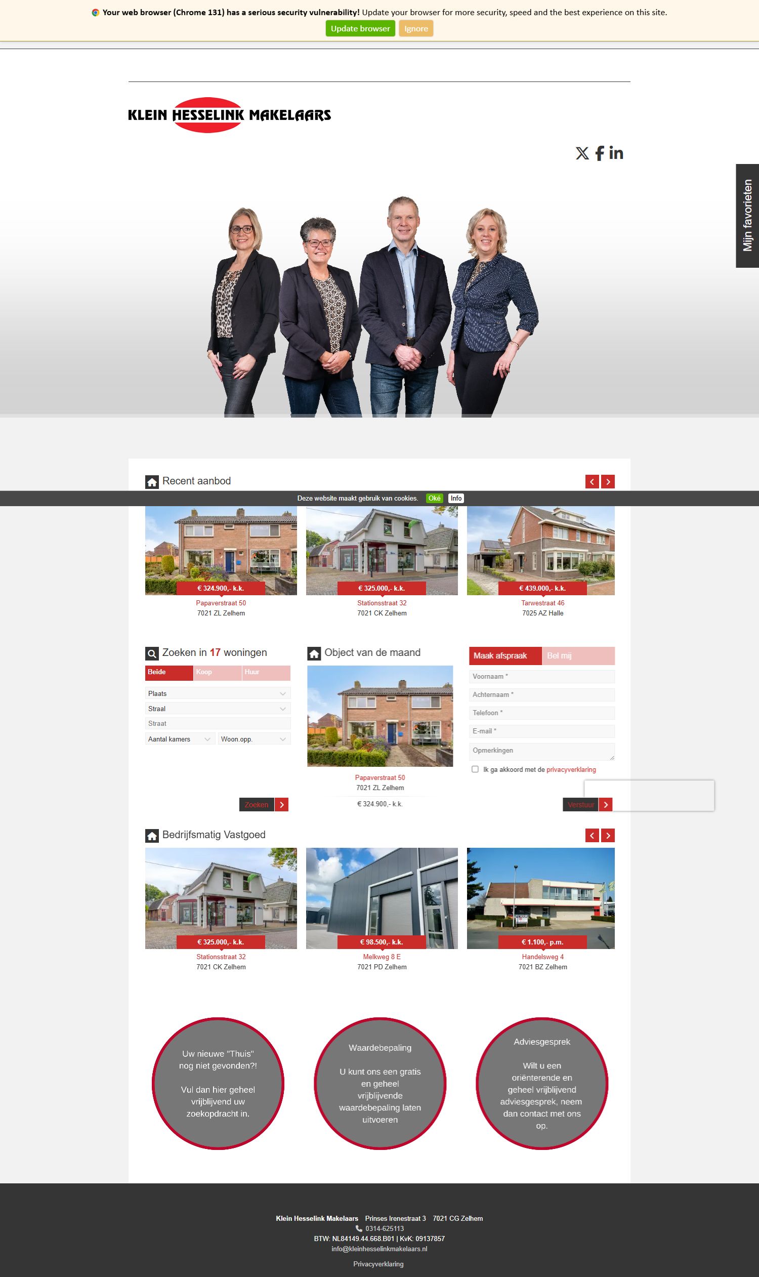 Screenshot van de website van www.kleinhesselinkmakelaars.nl