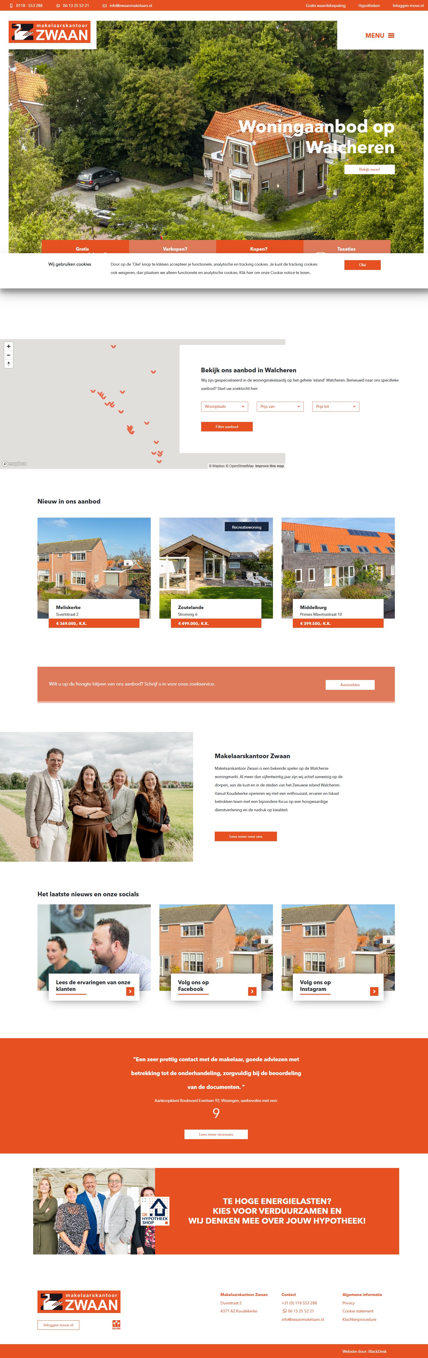 Screenshot van de website van www.zwaanmakelaars.nl