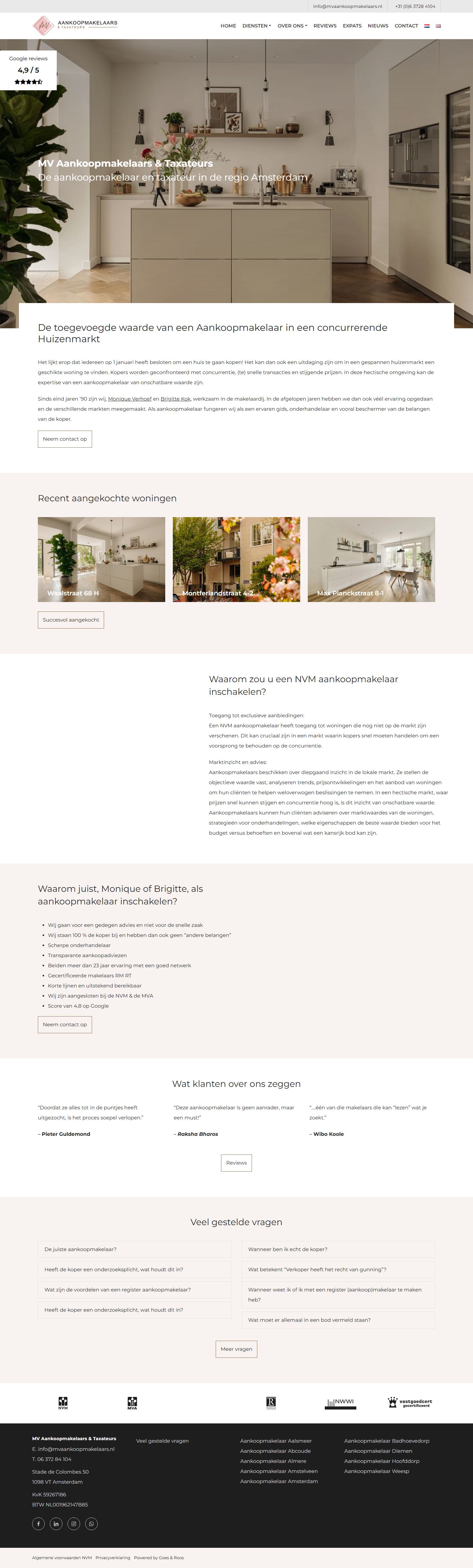 Screenshot van de website van www.mvaankoopmakelaarsamsterdam.nl