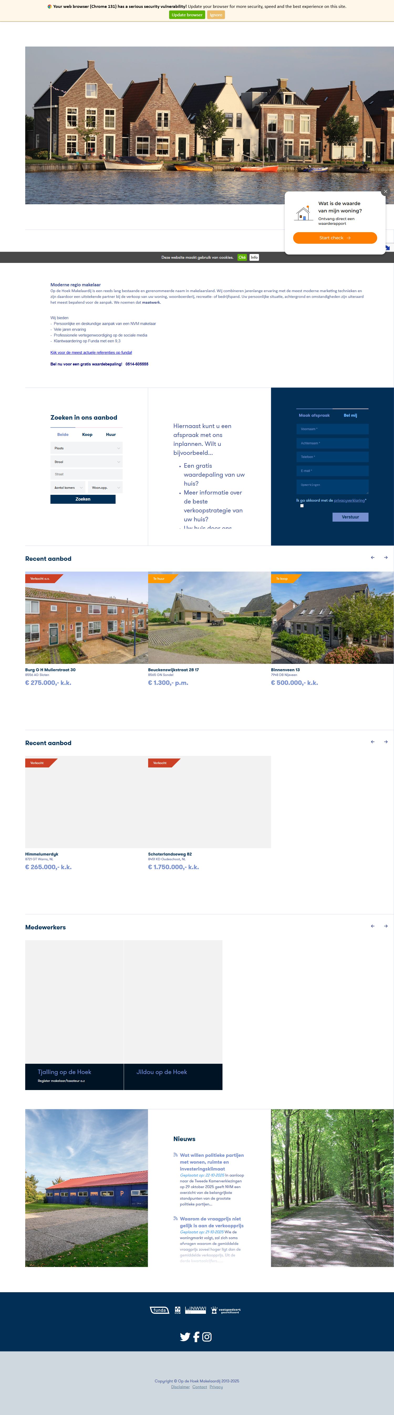 Screenshot van de website van www.opdehoekmakelaardij.nl