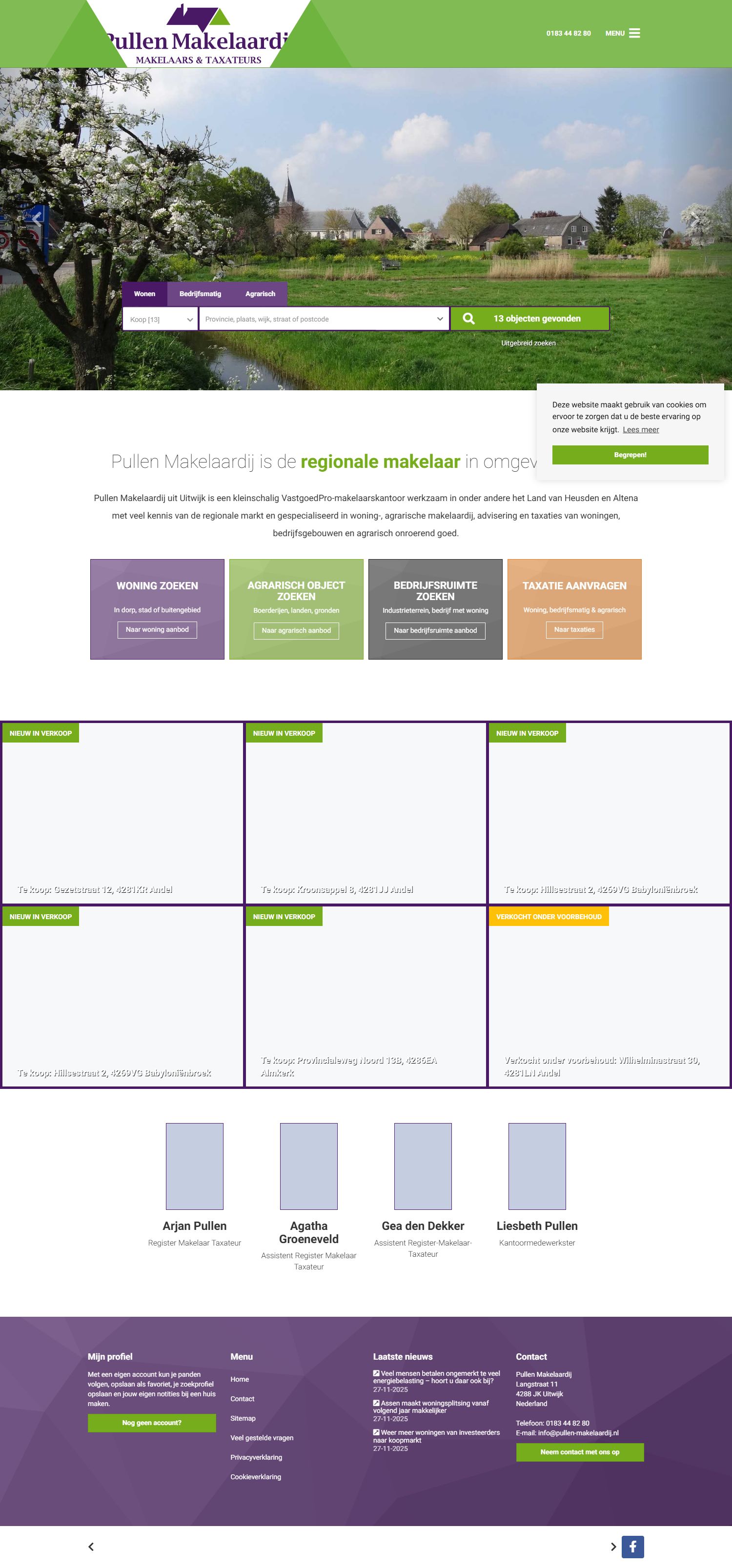 Screenshot van de website van www.pullen-makelaardij.nl