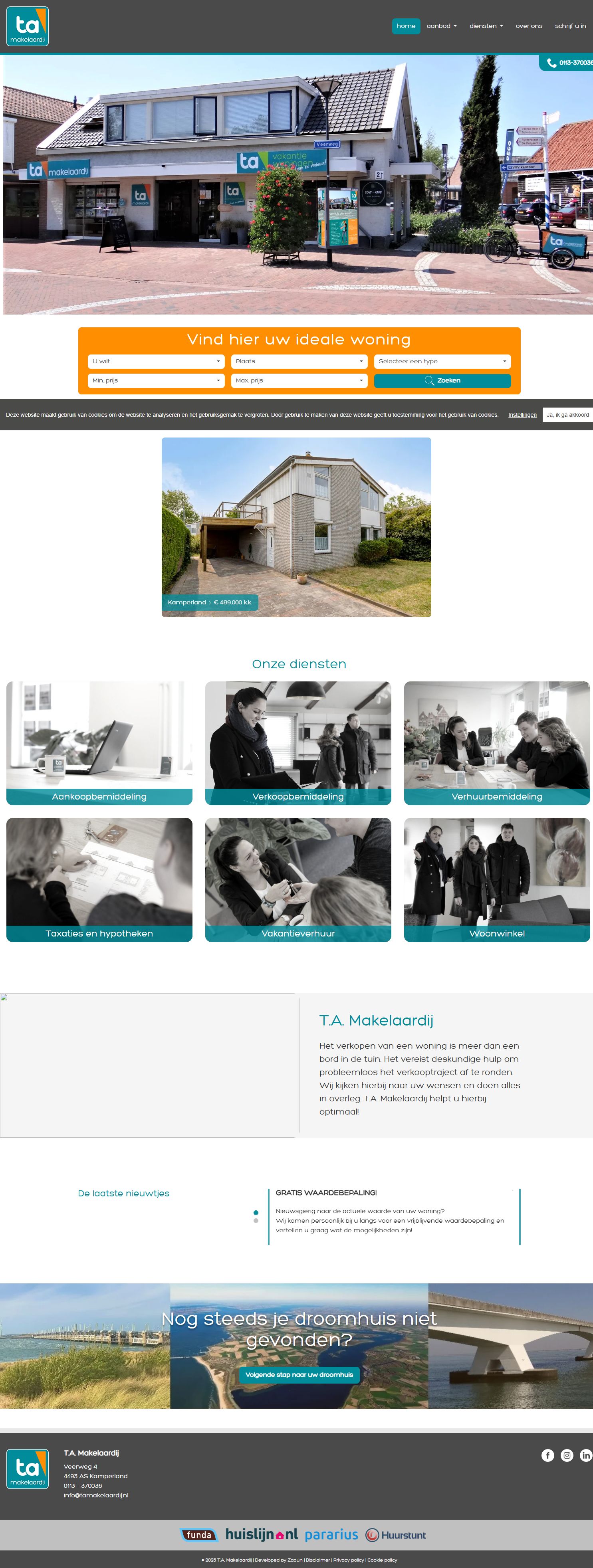 Screenshot van de website van www.tamakelaardij.nl