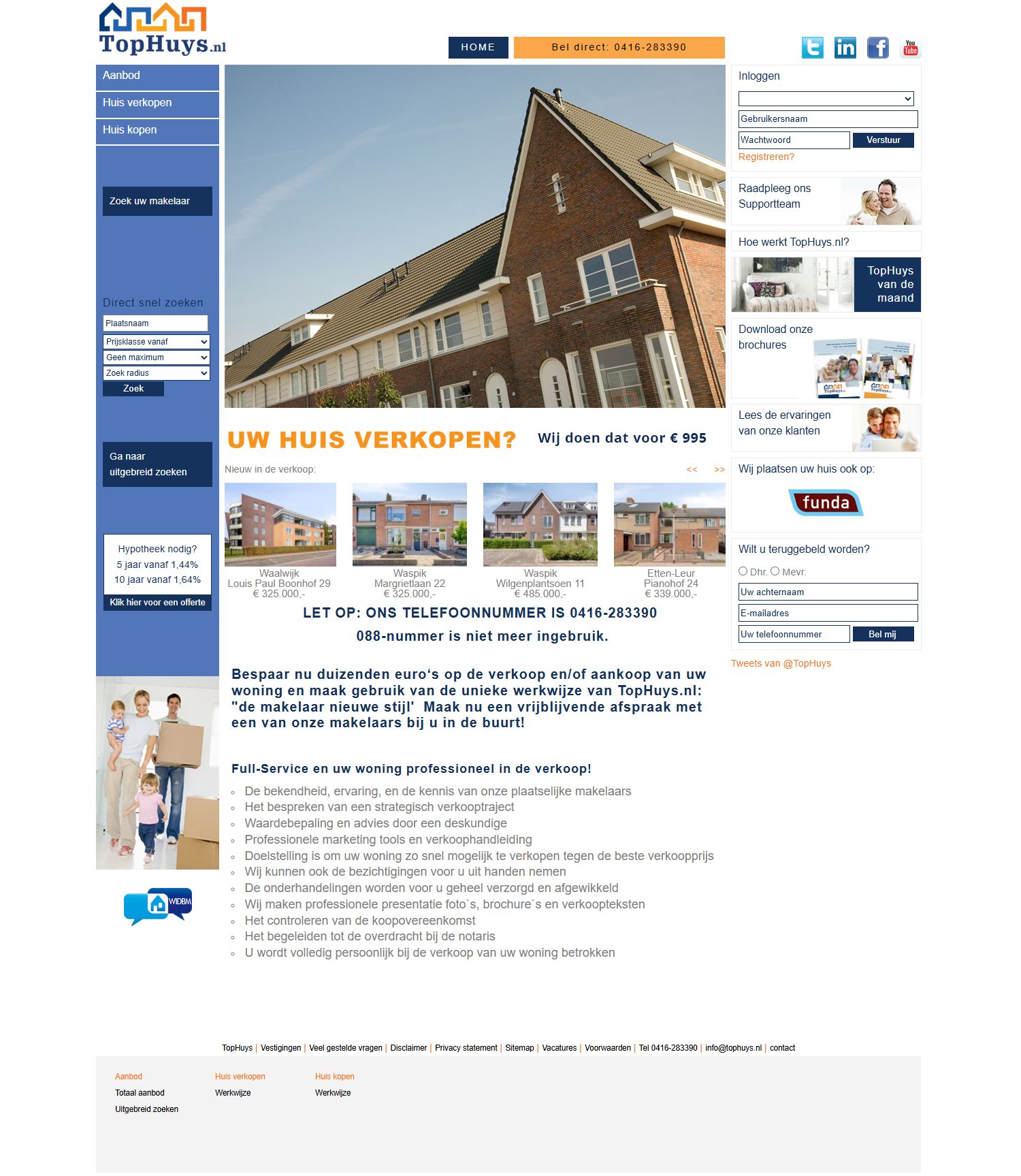 Screenshot van de website van www.tophuys.nl
