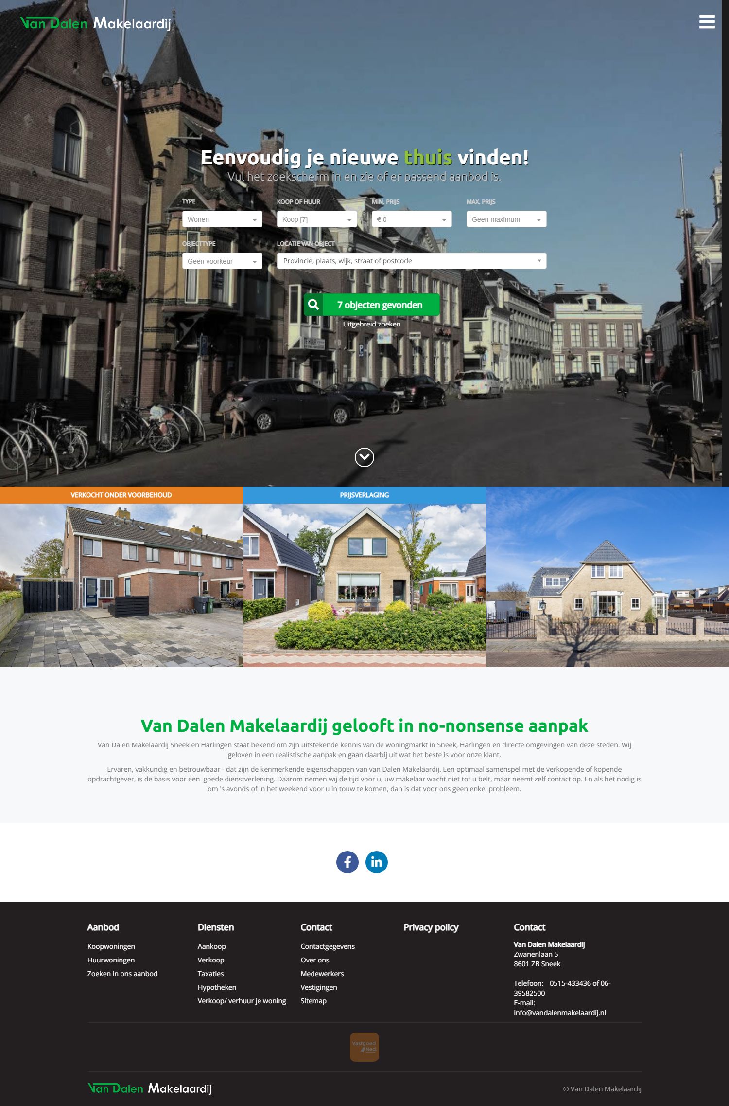Screenshot van de website van www.vandalenmakelaardij.nl