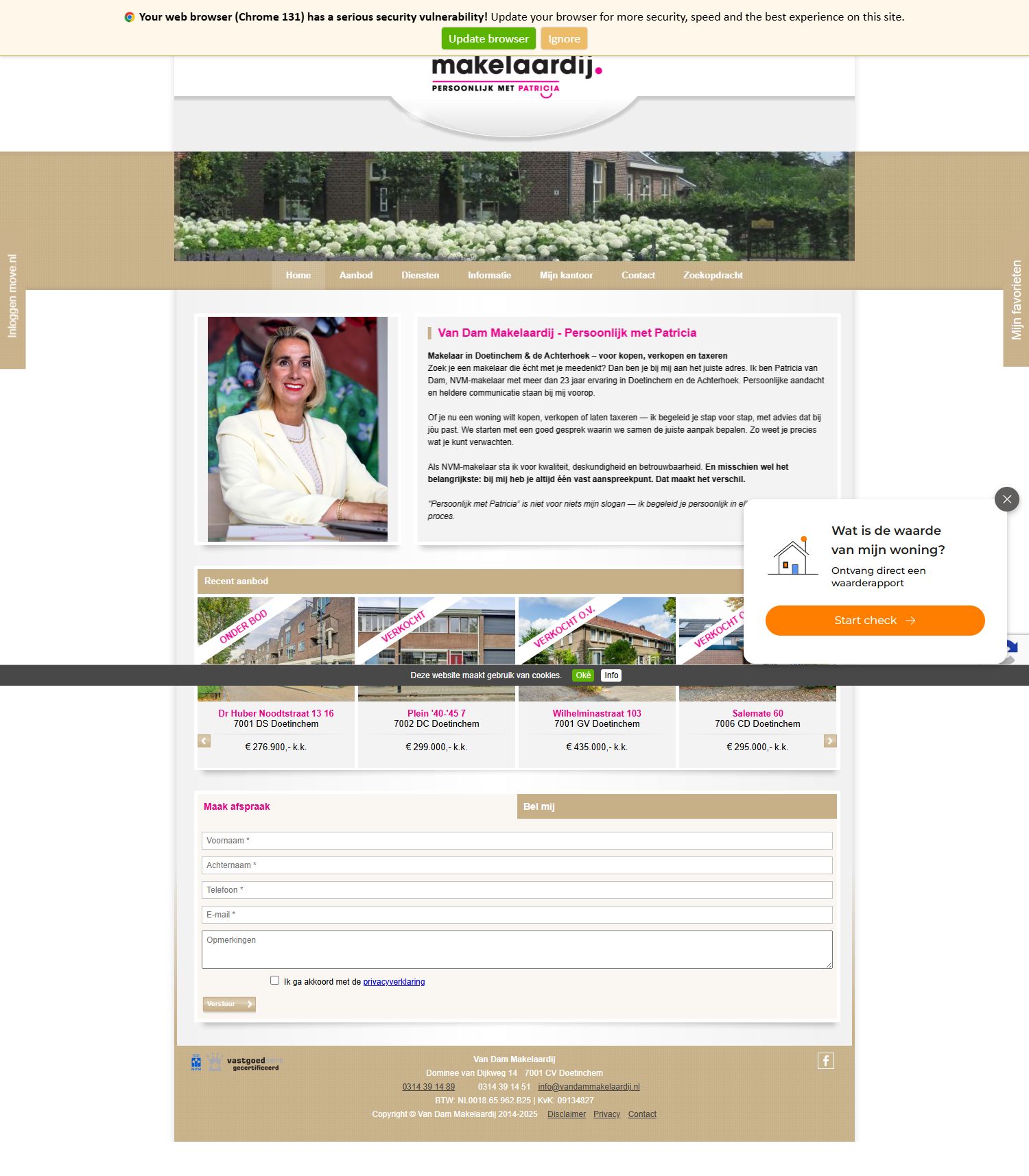 Screenshot van de website van www.vandammakelaardij.nl