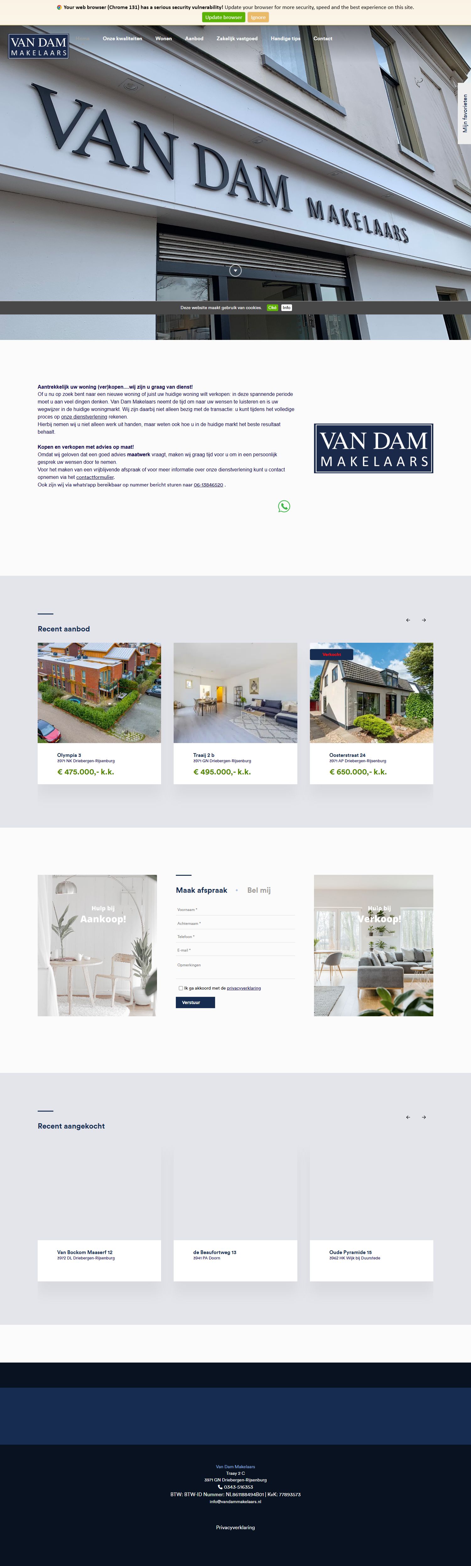 Screenshot van de website van www.vandammakelaars.nl