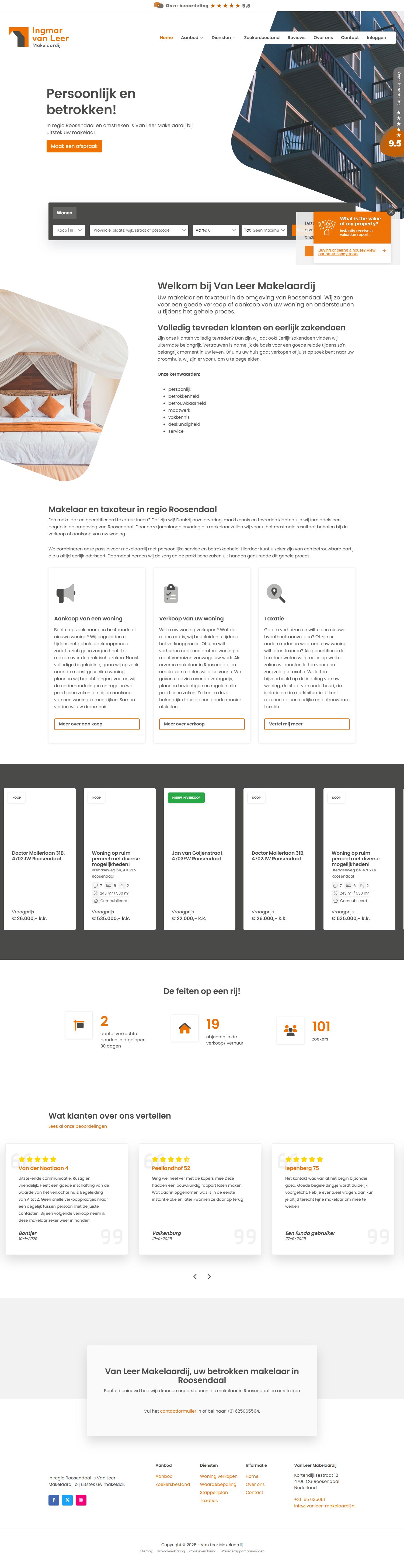 Screenshot van de website van www.vanleer-makelaardij.nl