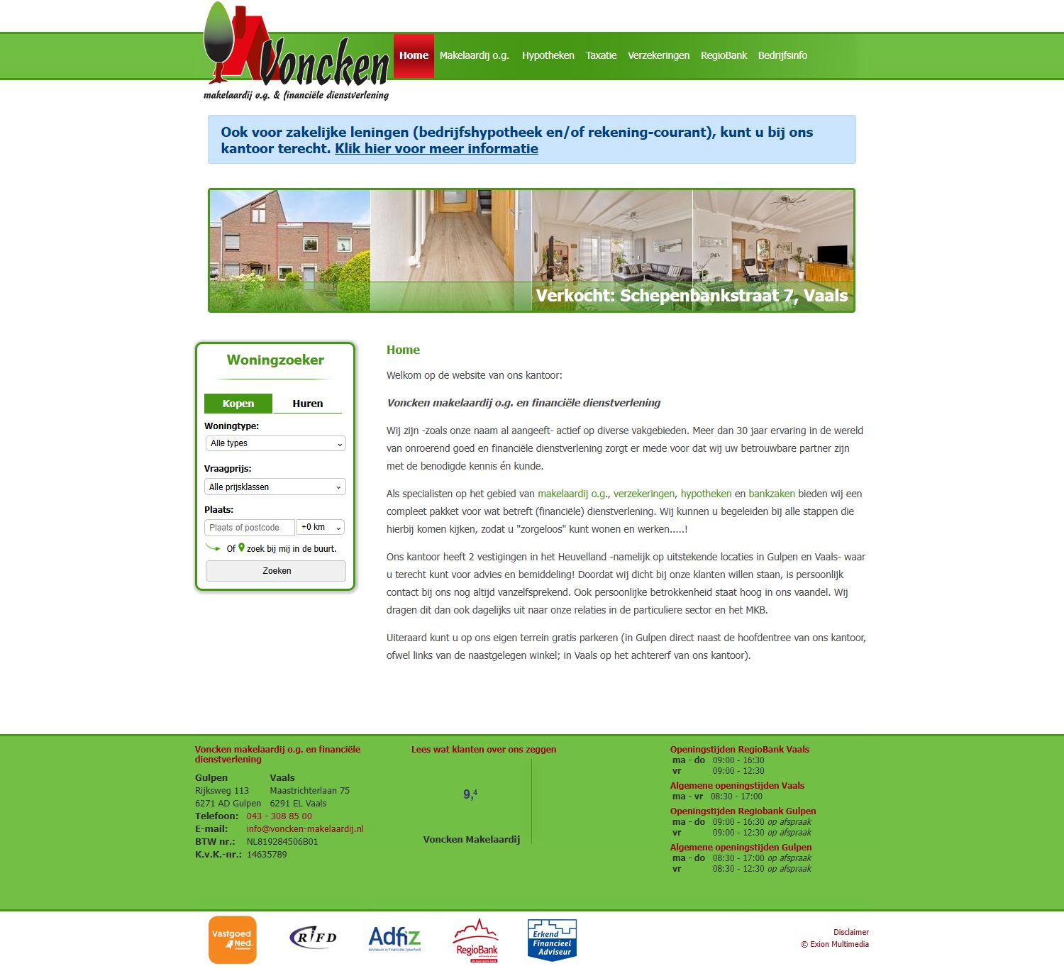 Screenshot van de website van www.voncken-makelaardij.nl