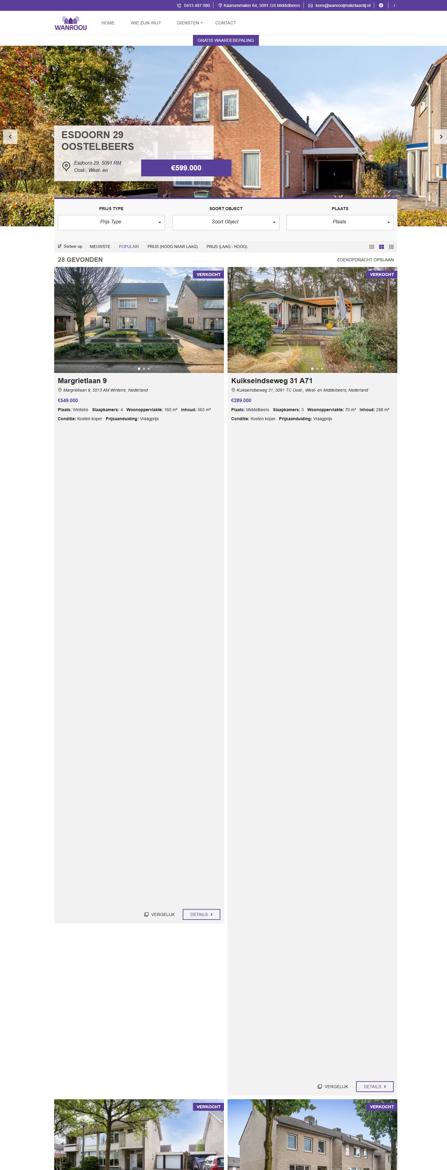 Screenshot van de website van www.wanrooijmakelaardij.nl