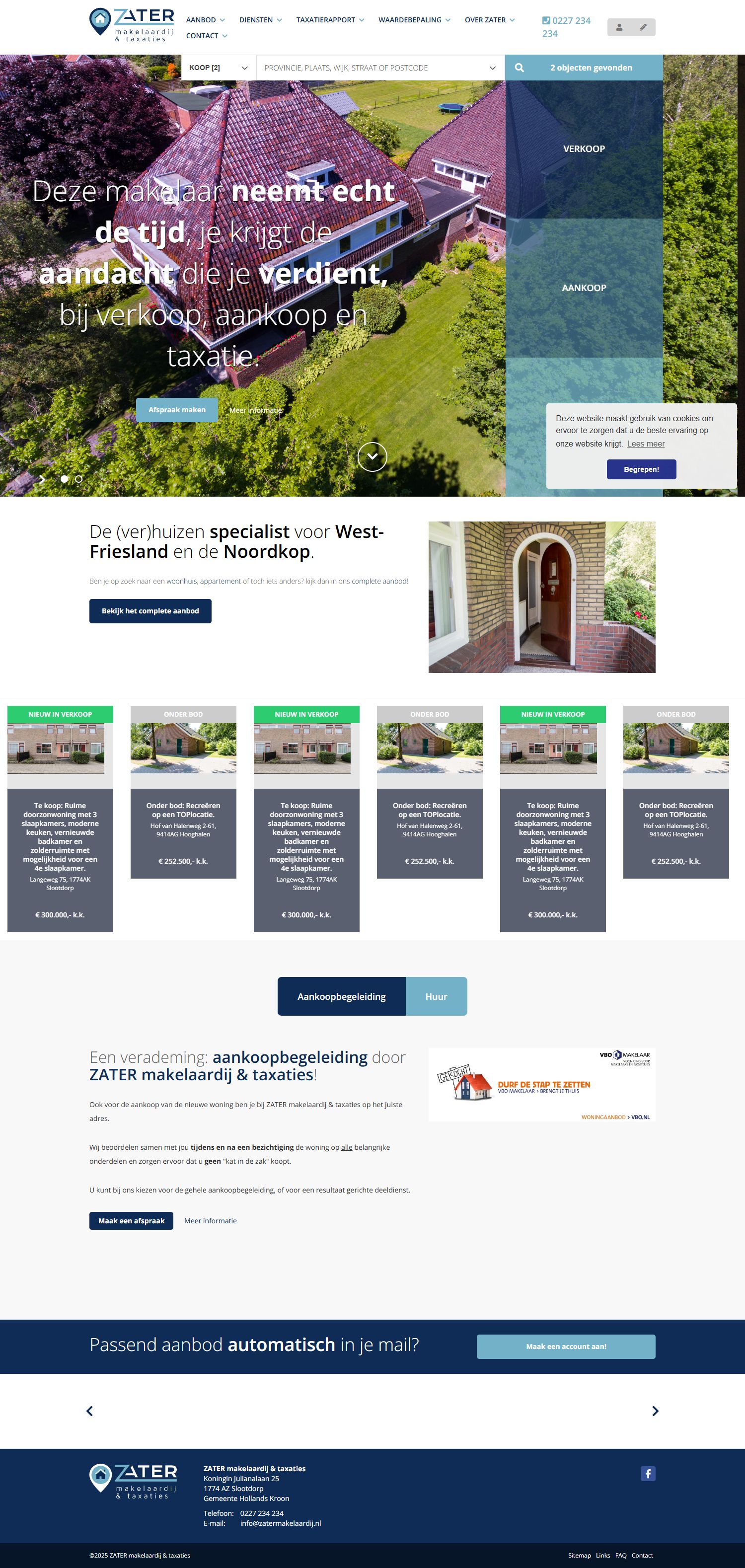 Screenshot van de website van www.zatermakelaardij.nl